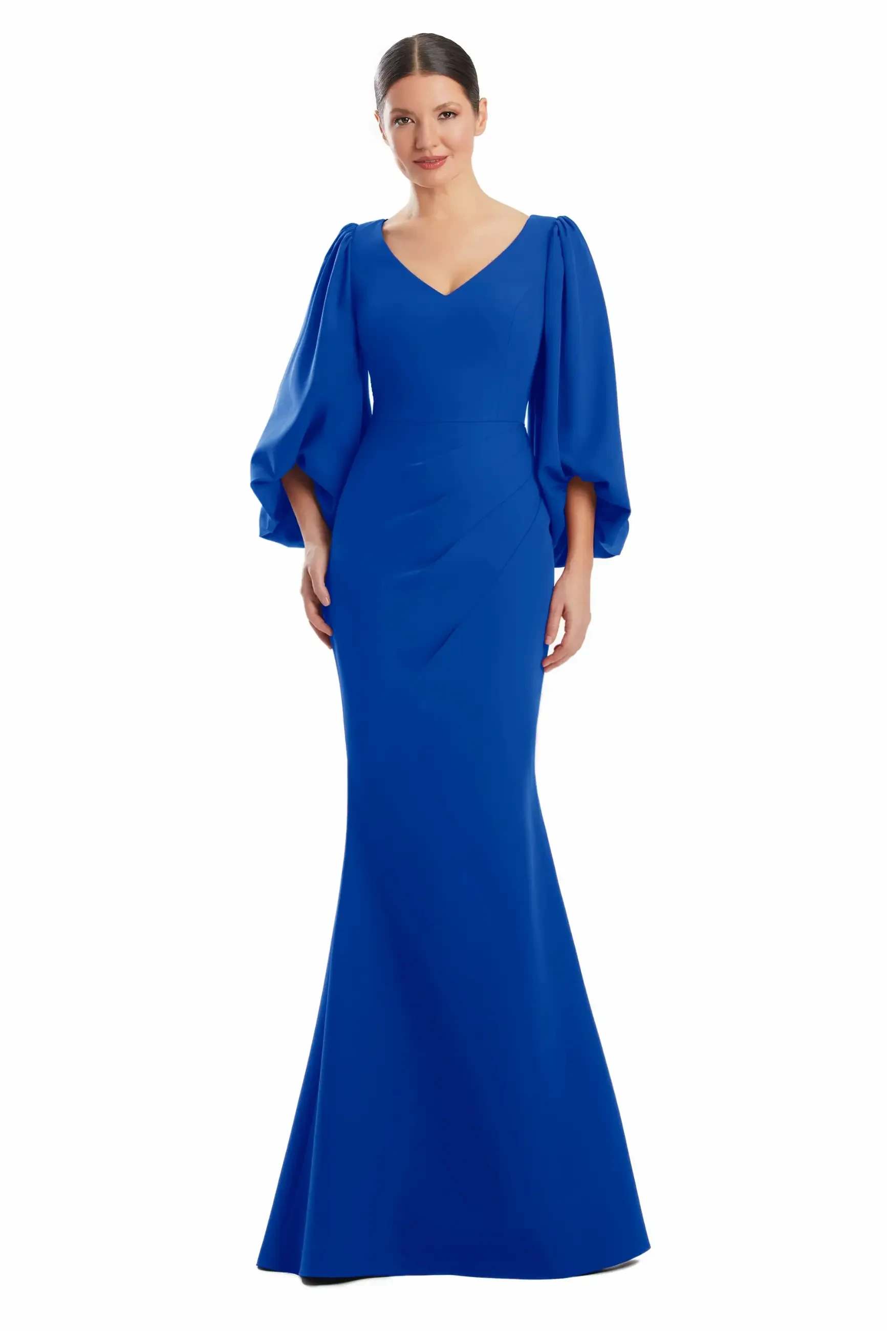 model is wearing a blue long sleeve mother of the bride gown