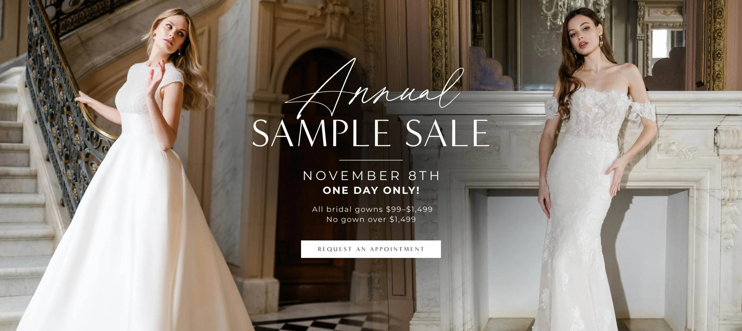 Models wearing bridal gowns, Annual Sample Sale desktop banner