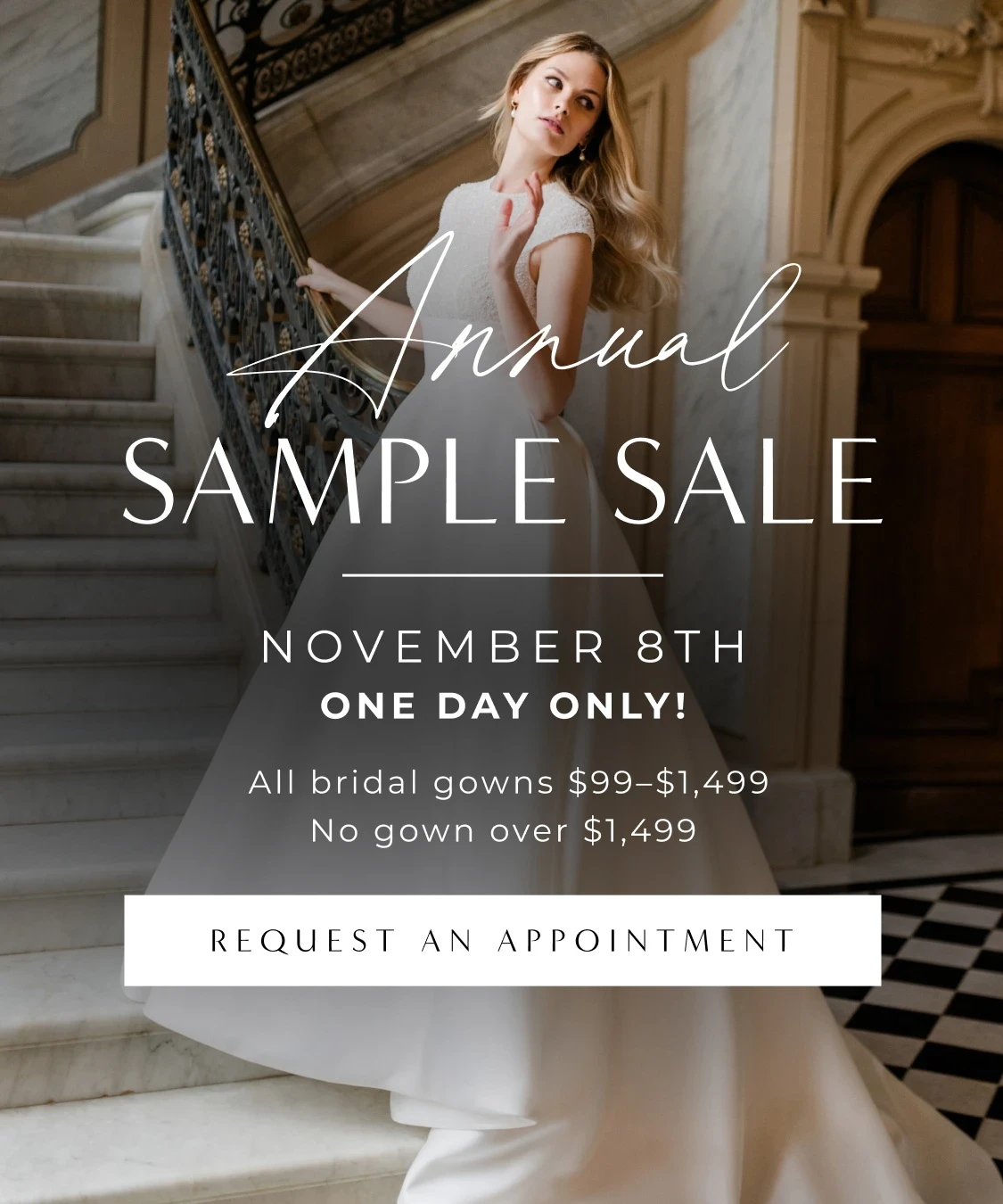 Model wearing bridal gown, Annual Sample Sale mobile banner