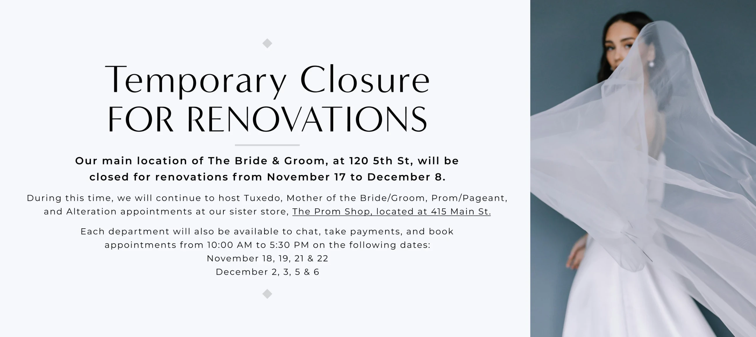 Temporary closure for renovations, desktop banner