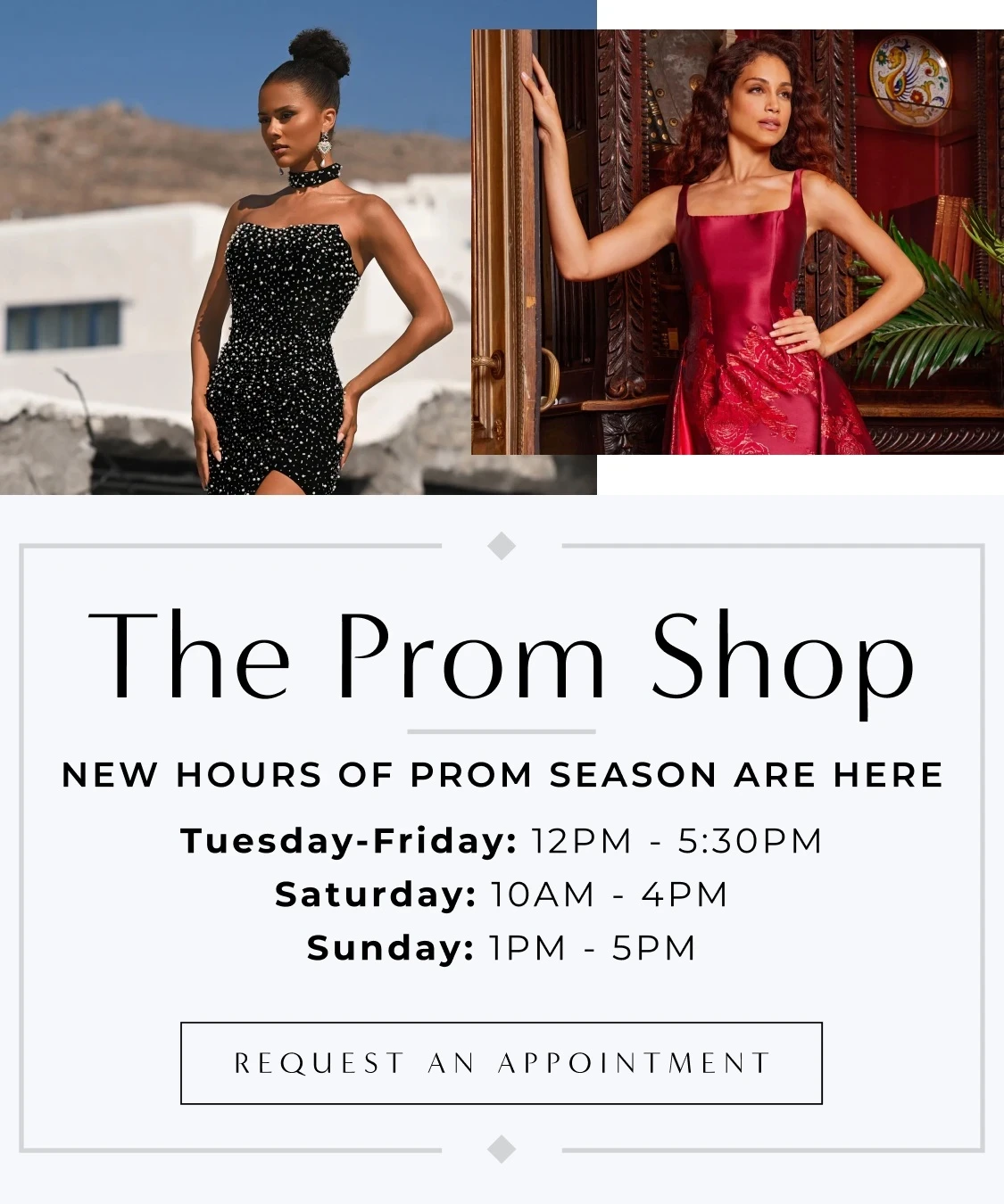 Models wearing Prom dresses, The Prom Shop new store hours mobile banner