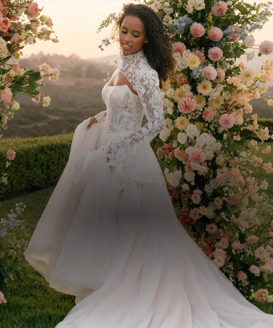 Model wearing Allure Bridals dress, mobile banner