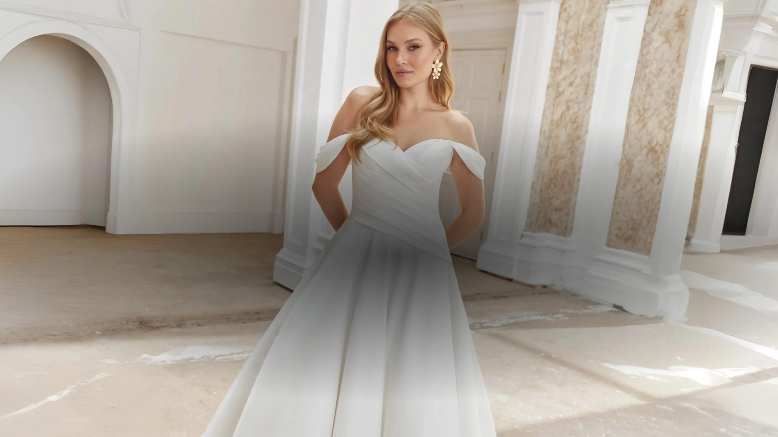 Model wearing Justin Alexander bridal dress, desktop banner