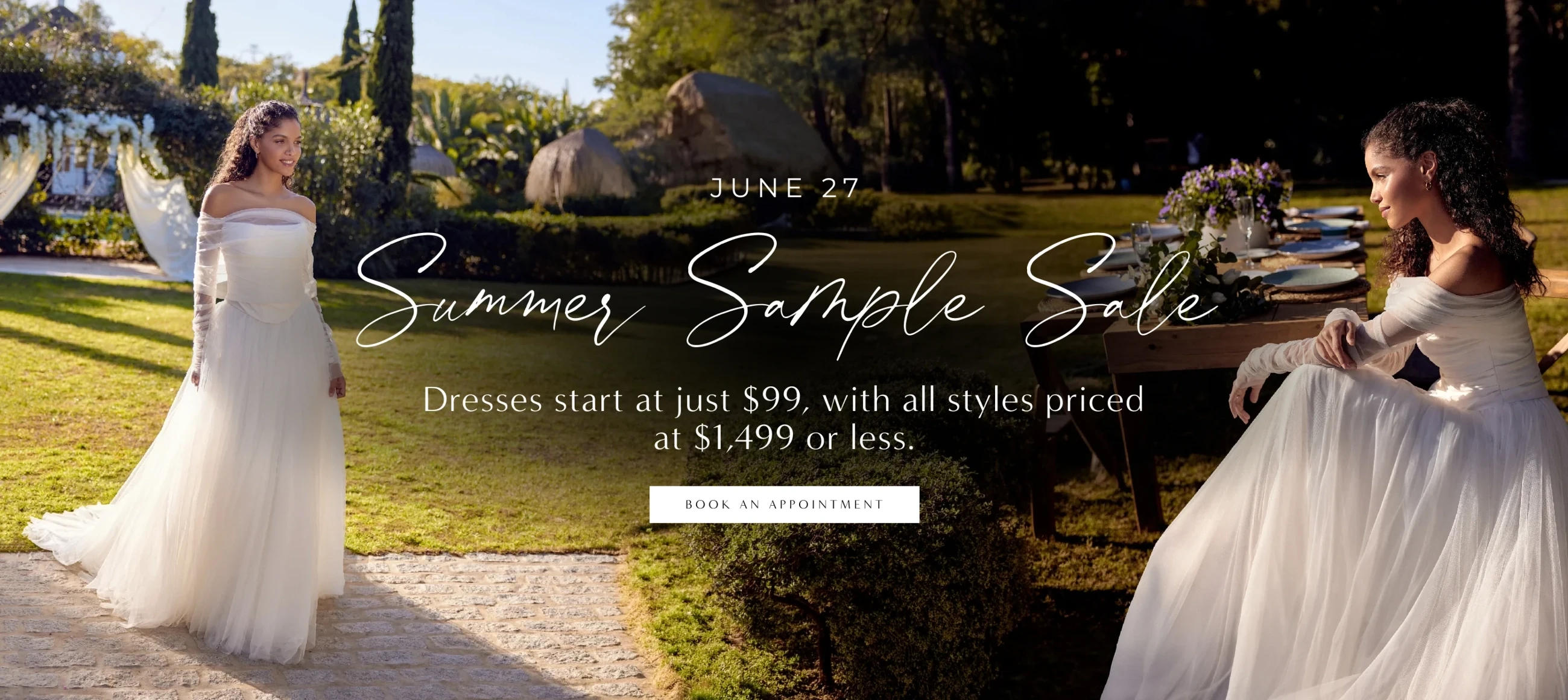 Models wearing Bridal dresses, Summer Sample Sale desktop banner