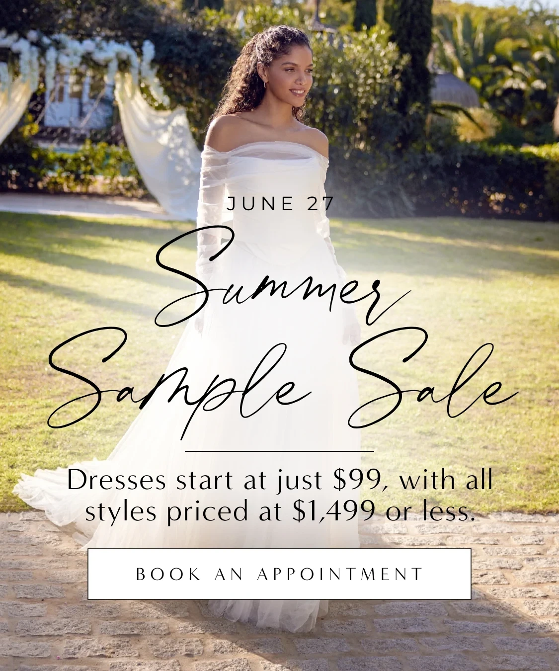 Model wearing Bridal dress, Summer Sample Sale mobile banner