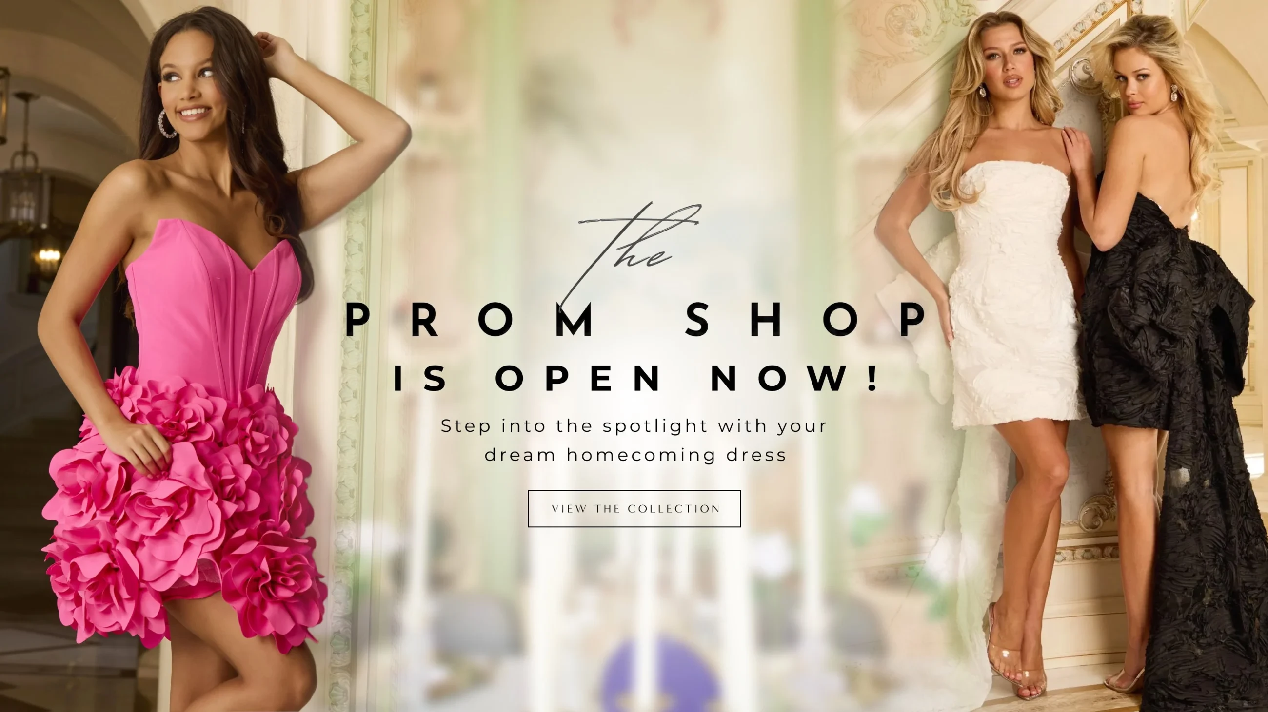 Models wearing homecoming dresses, desktop banner