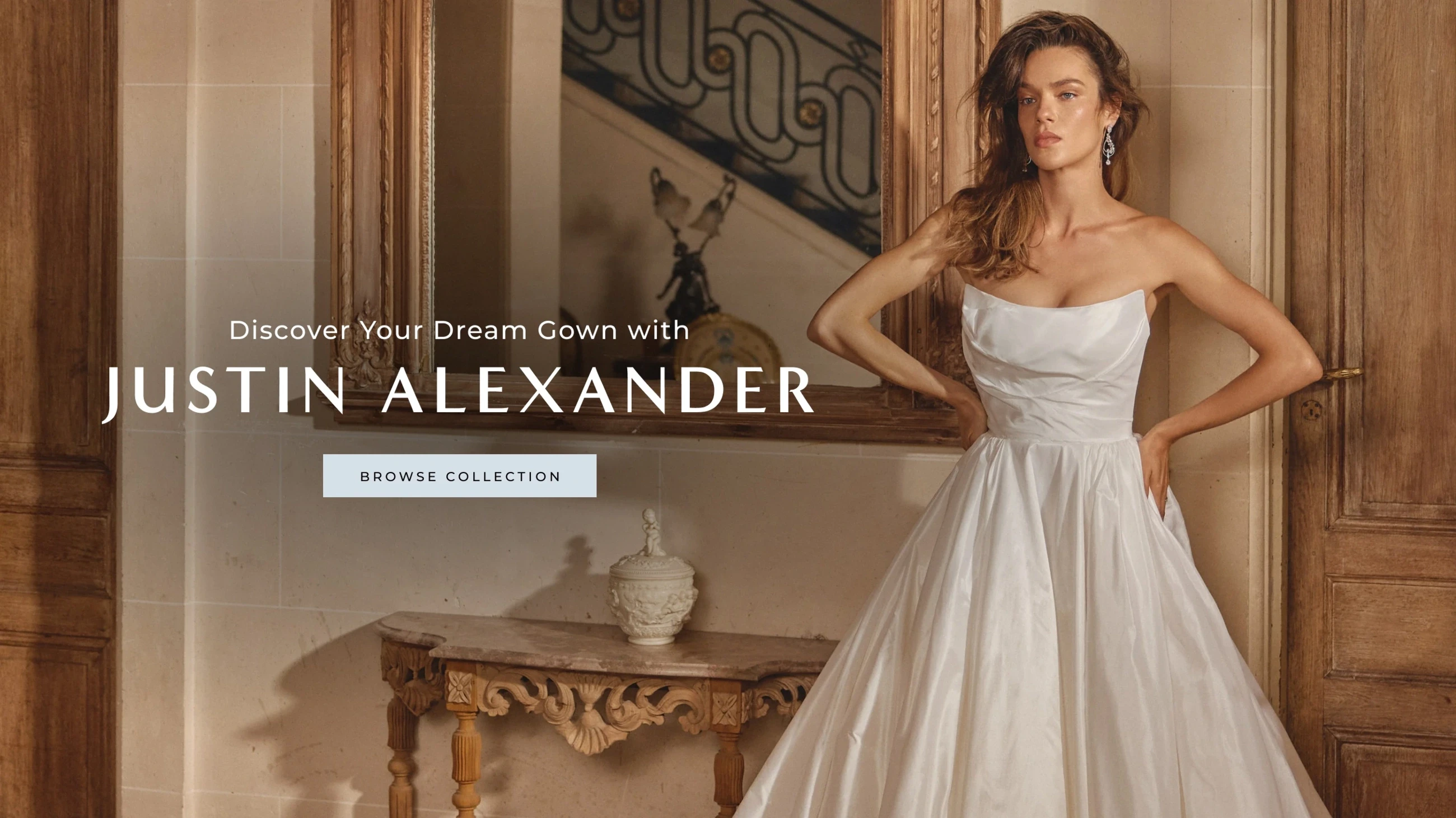 Model wearing Justin Alexander bridal gown, desktop banner