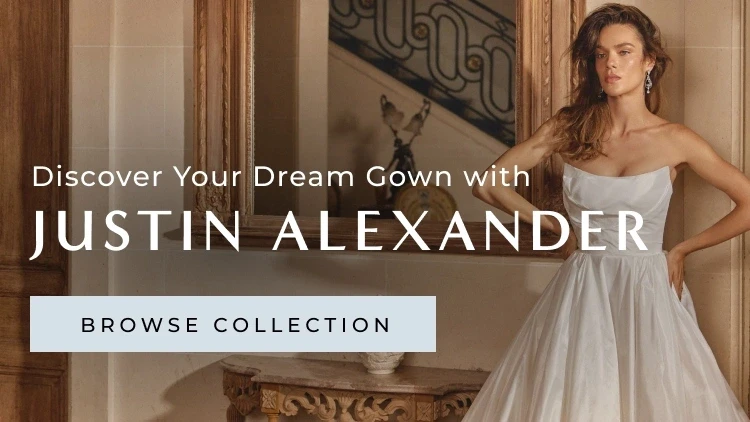 Model wearing Justin Alexander bridal gown, mobile banner