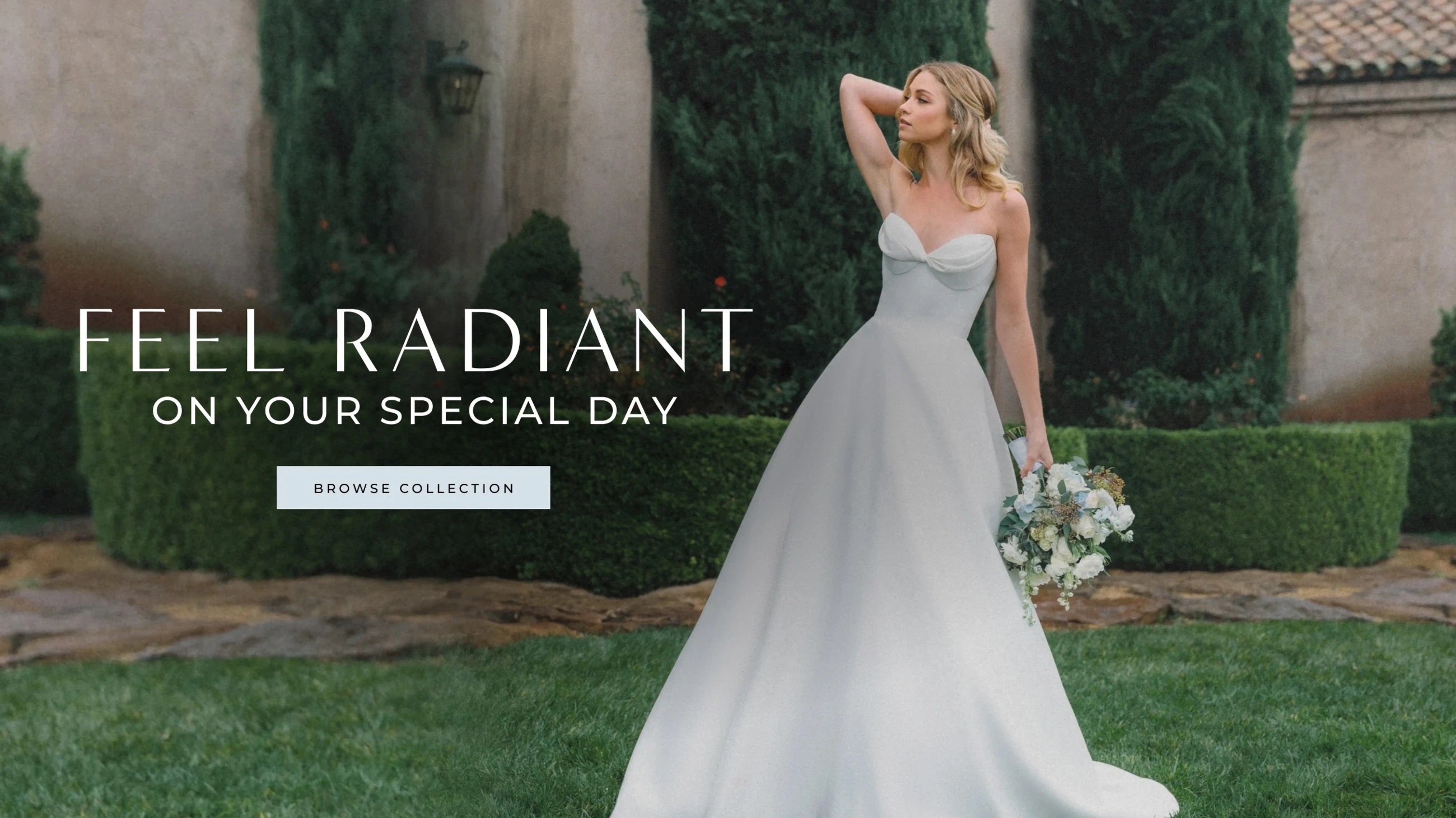 Model wearing a-line bridal gown, feel radiant desktop banner