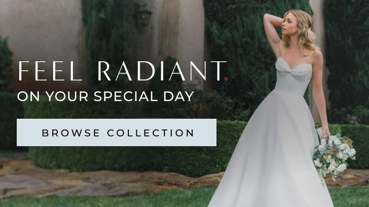 Model wearing a-line bridal gown, feel radiant mobile banner