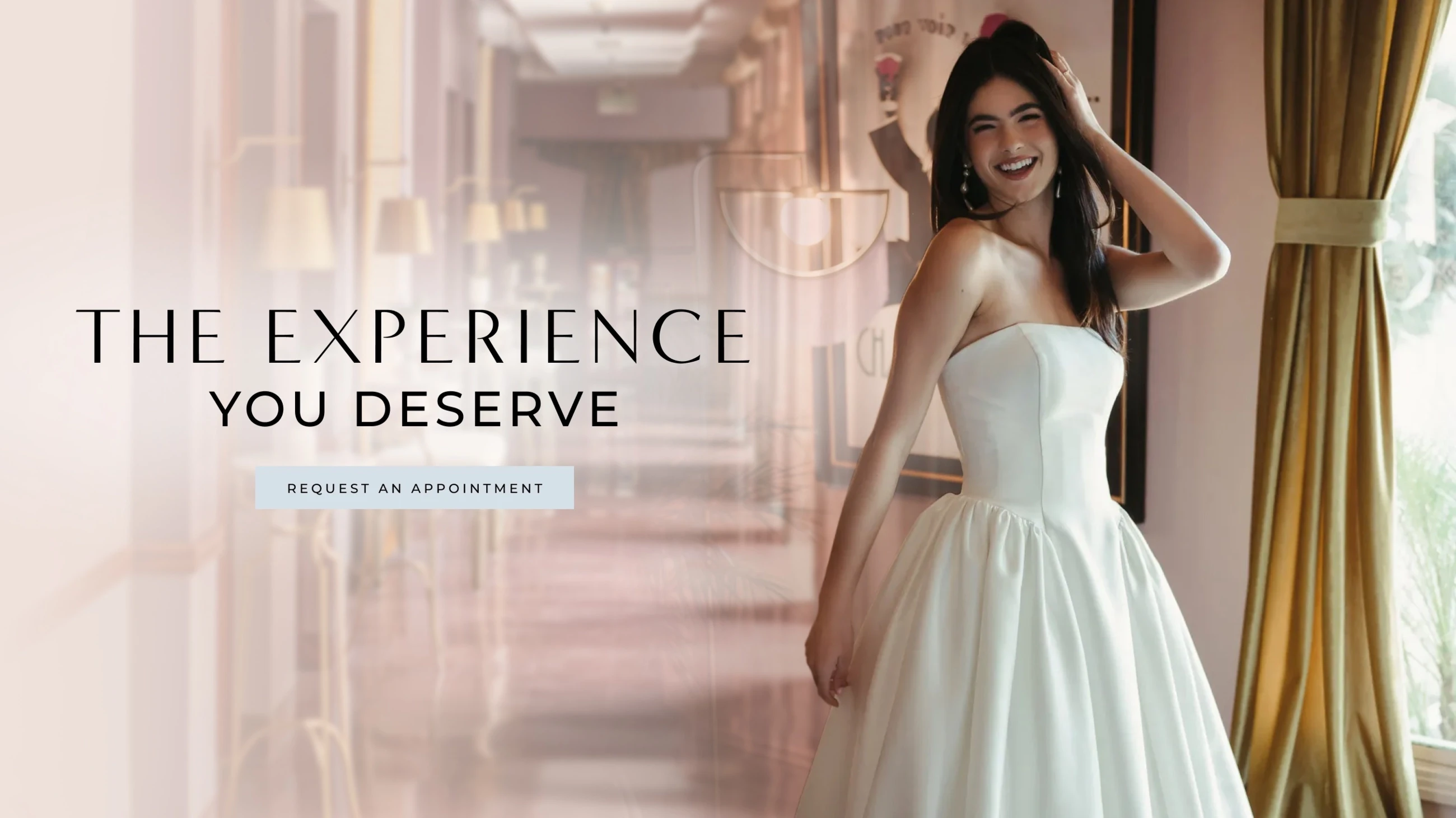 Model wearing bridal gown, the experience you deserve desktop banner